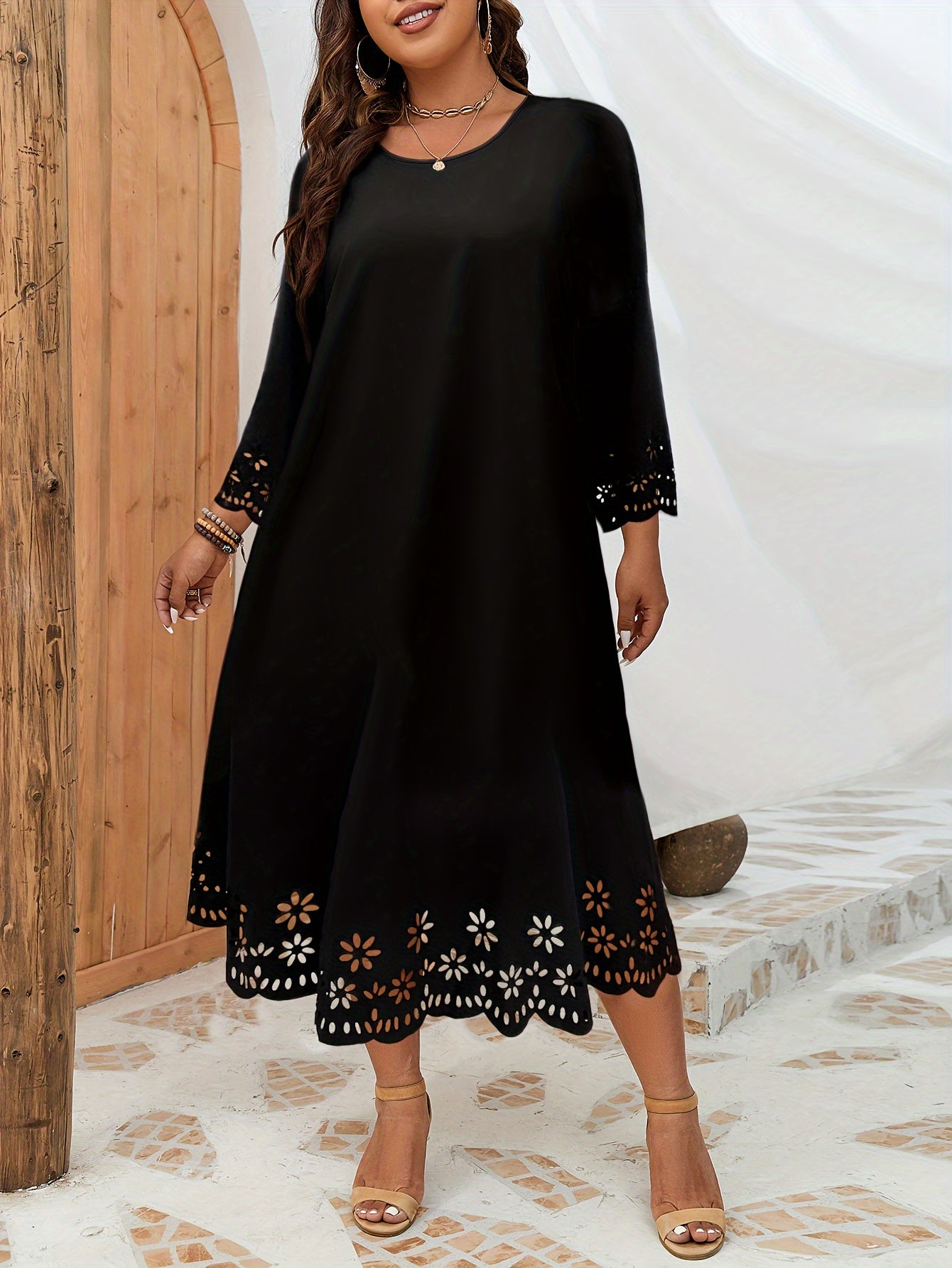  Casual Dress Women's Plus Solid Laser Cut Long Sleeve Dress