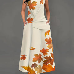  Maple Leaf Print Cap Sleeve Dress With Pockets