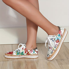 Floral Print Flat Sneakers Low Top Shoes Lace Zipper Casual Walking Shoes