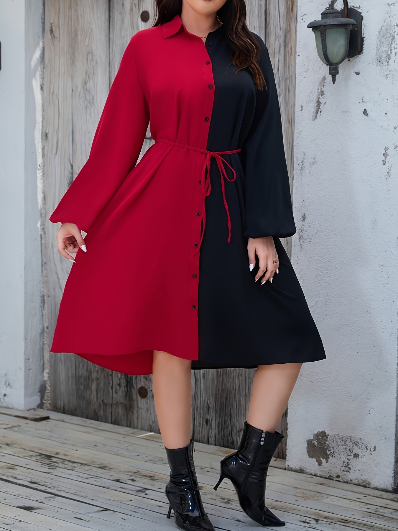  Colorblock Lantern Sleeve Shirt Dress With Belt