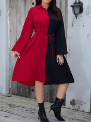  Colorblock Lantern Sleeve Shirt Dress With Belt