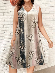  Colorblock Floral Tank Dress V Neck High Stretch