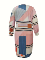  Colorblock Stripe Print Lantern Sleeve Midi Dress