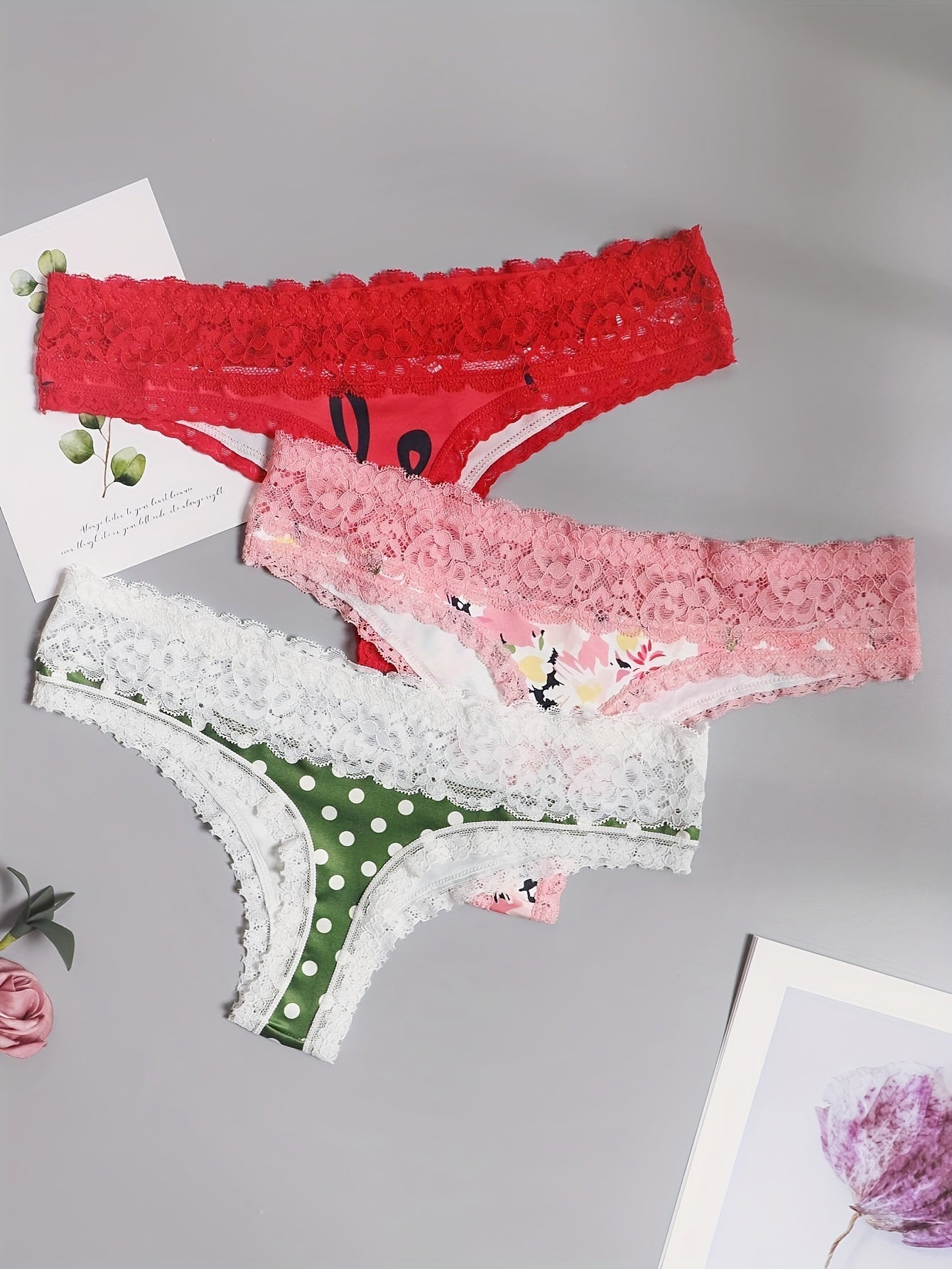 3 Pack Plus Size Thongs Set Women's Plus Lace Floral & Dot Print Thongs Set