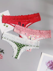 3 Pack Plus Size Thongs Set Women's Plus Lace Floral & Dot Print Thongs Set