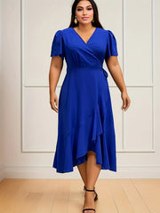  Solid Ruffle Sleeve Wrap Dress