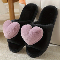 Plush Lined Heart Decor Slippers, Open Toe, Comfortable Indoor Shoes