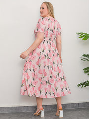 Women's Plus Floral Print Short Sleeve Midi Dress