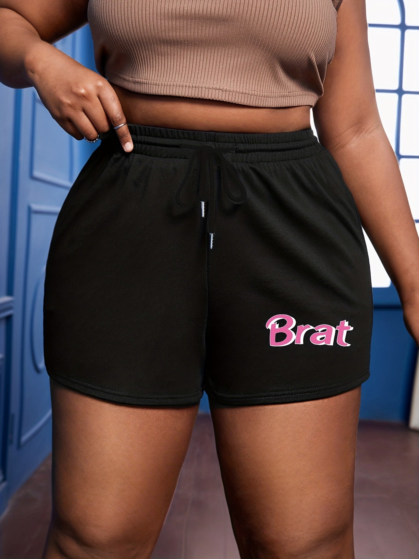 Women's Plus Letter Print Drawstring Casual Shorts