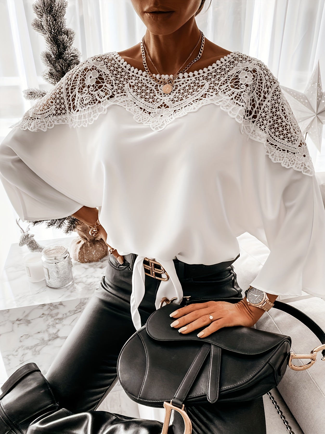  Lace Bat Sleeve Blouse