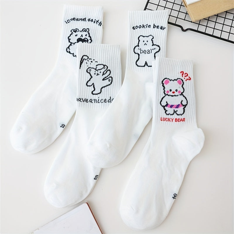 4 Pairs Cartoon Bear Print Socks Women's Mid Tube Stockings