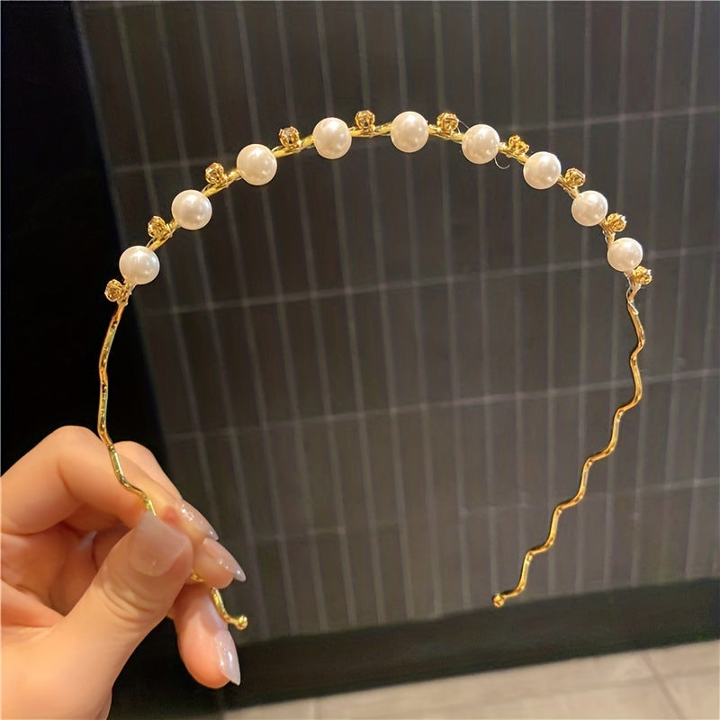 Faux Pearl Wavy Alloy Headband Rhinestone Hair Accessories