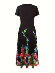  Floral Print Zipper V Neck Dress
