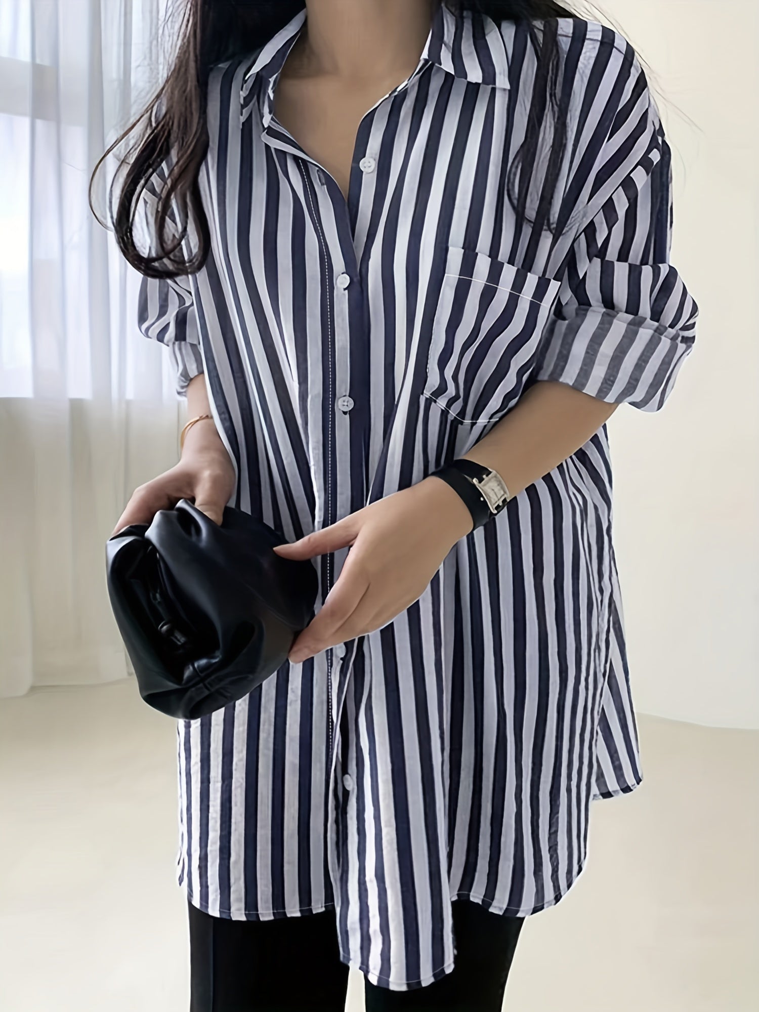  Stripe Print Long Sleeve Button Up Shirt