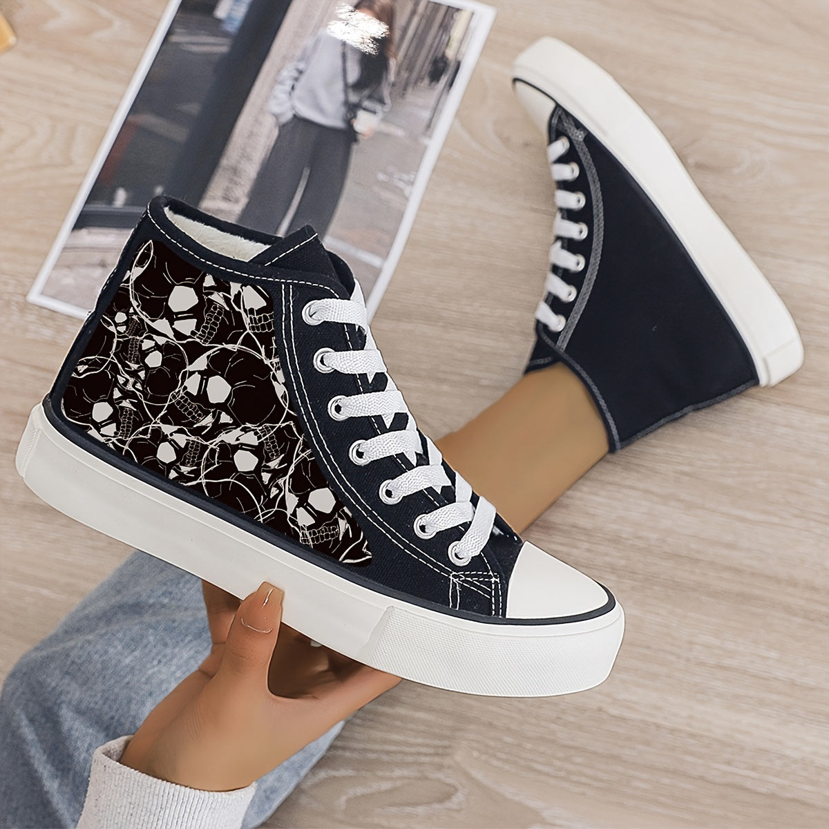 Skull Print Plush Lined Thermal Chunky Canvas Sneakers
