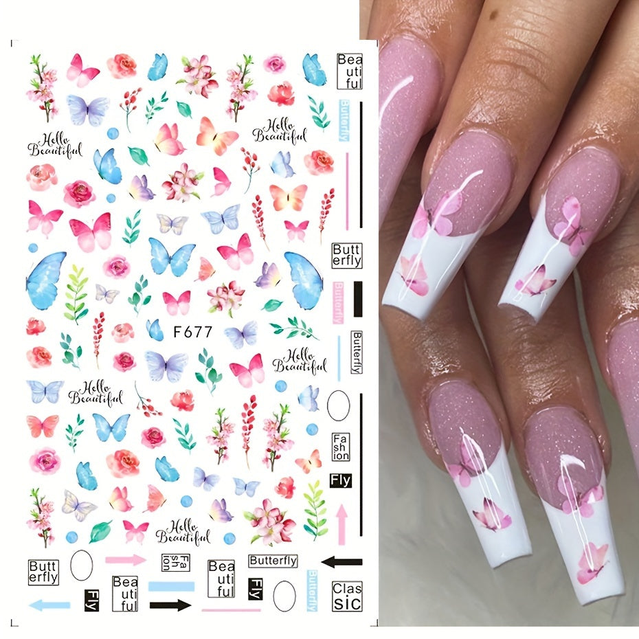 6pcs Butterfly Nail Art Stickers Floral Designs Self-Adhesive Nail Decorations