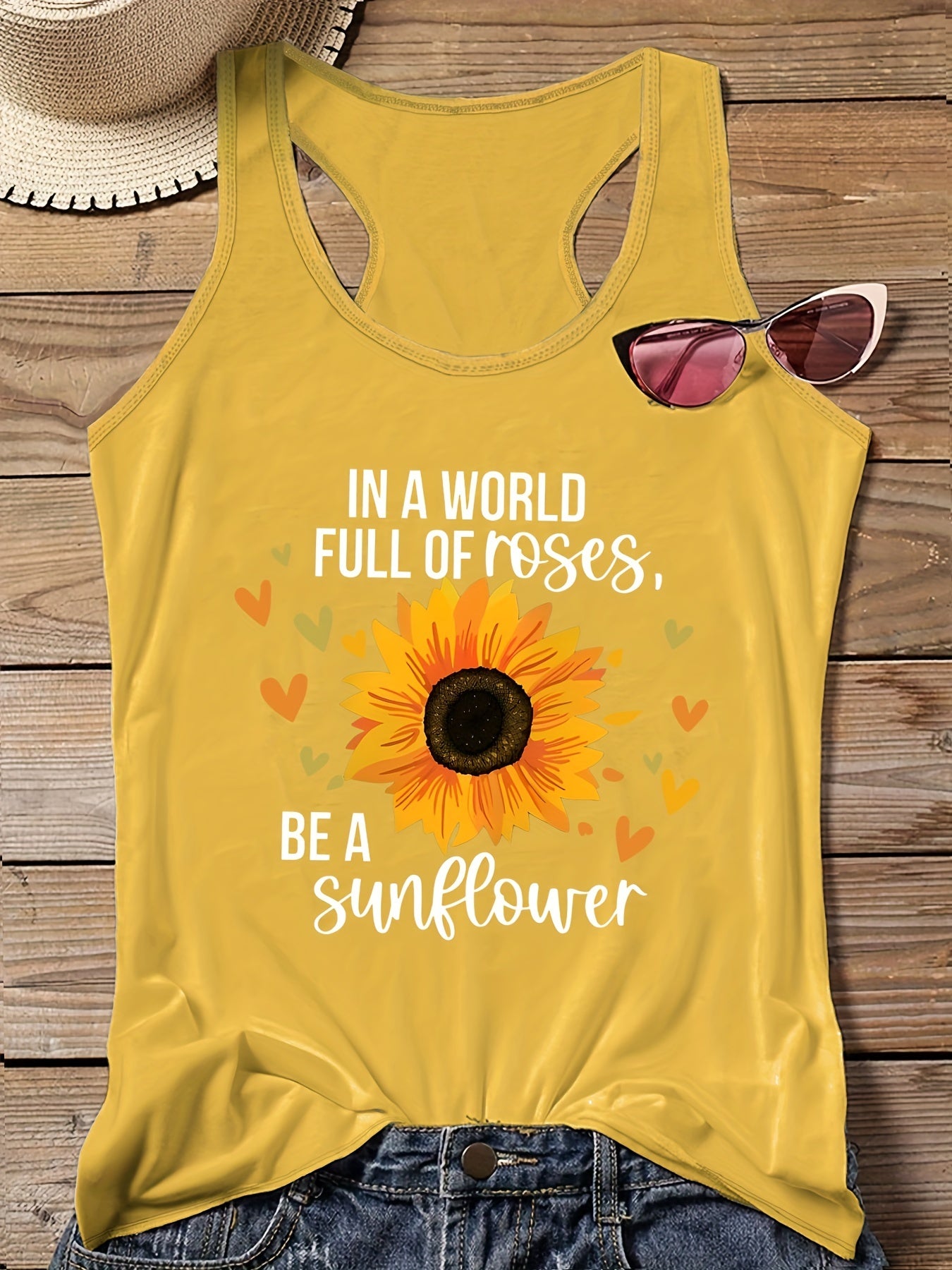  Sunflower Print Round Neck Vest Top