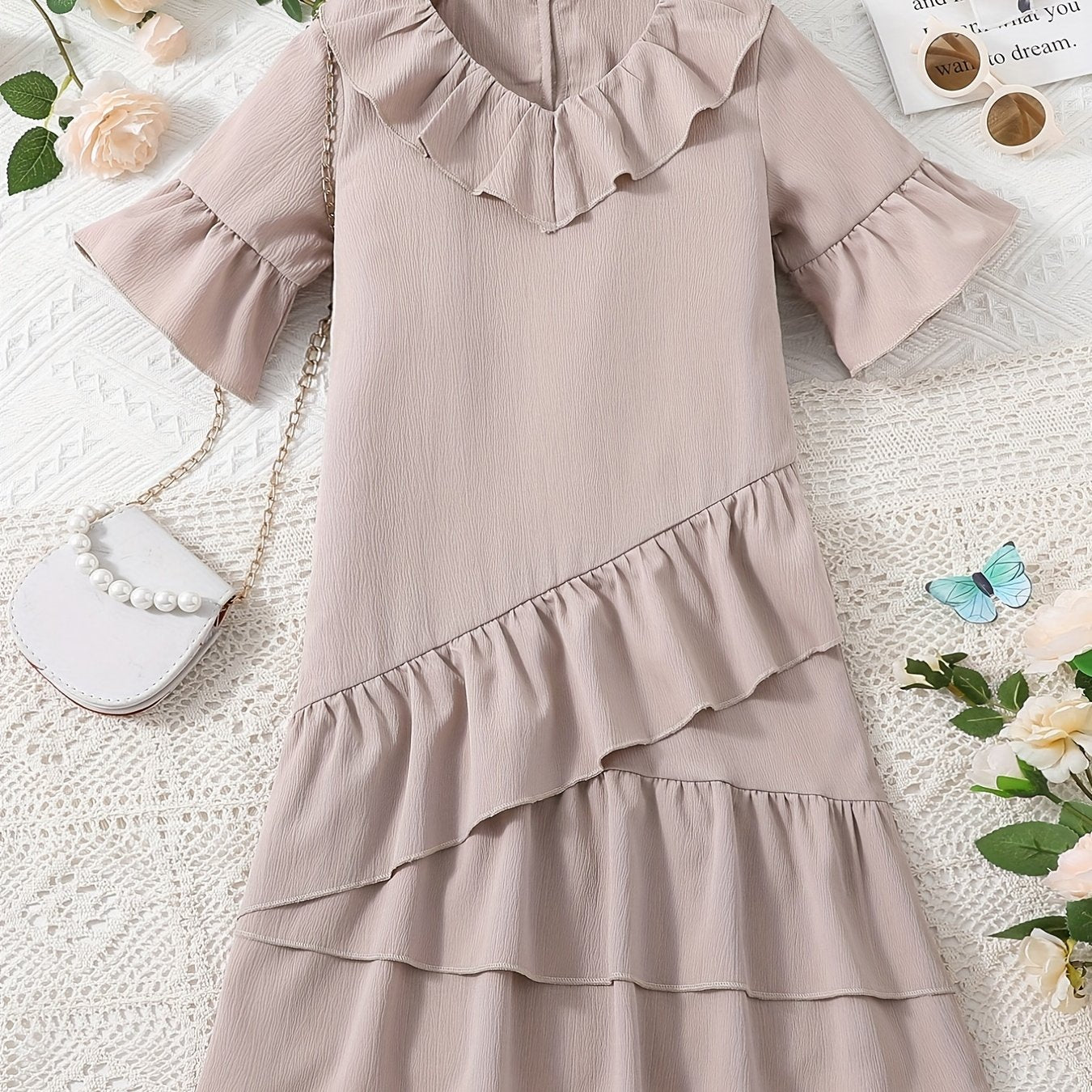 Kid Girls' V-Neck Ruffle Fringes Dress Short Sleeve