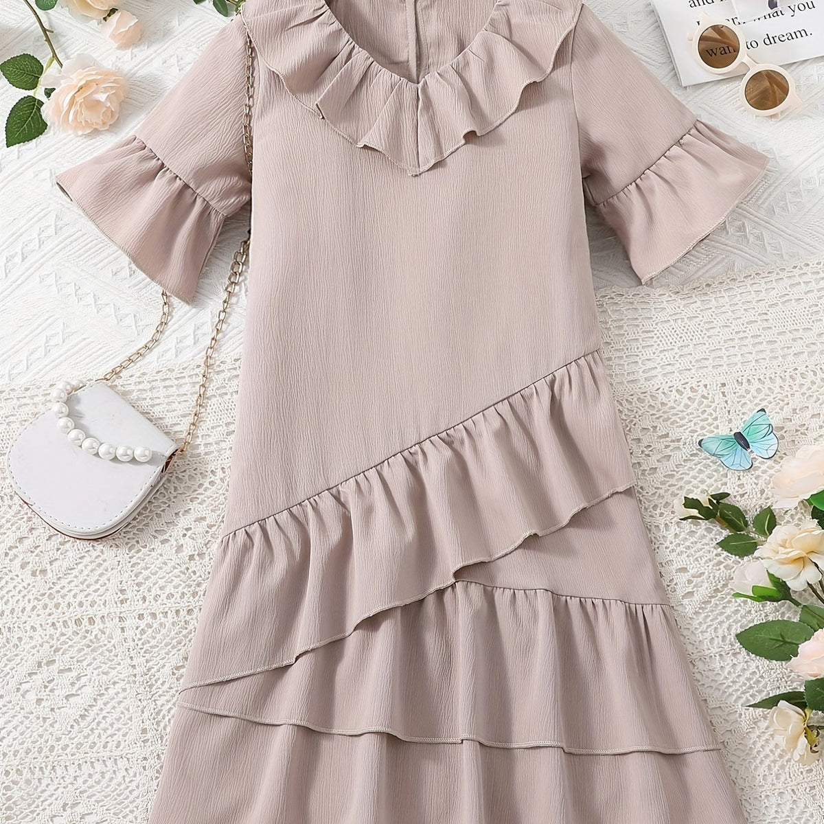 Kid Girls' V-Neck Ruffle Fringes Dress Short Sleeve