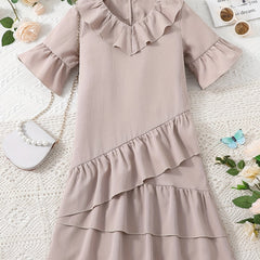 Kid Girls' V-Neck Ruffle Fringes Dress Short Sleeve