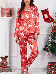 Christmas Elk Print Pajama Set Long Sleeve Top & Pants Women's Sleepwear