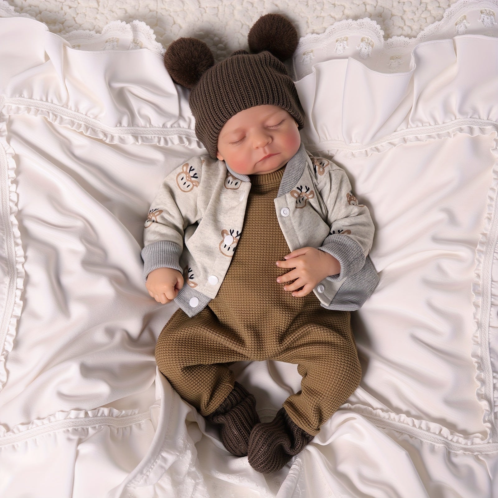 ADFO 20 Inch Reborn Baby Boy Doll with Gray Animal Print Outfit