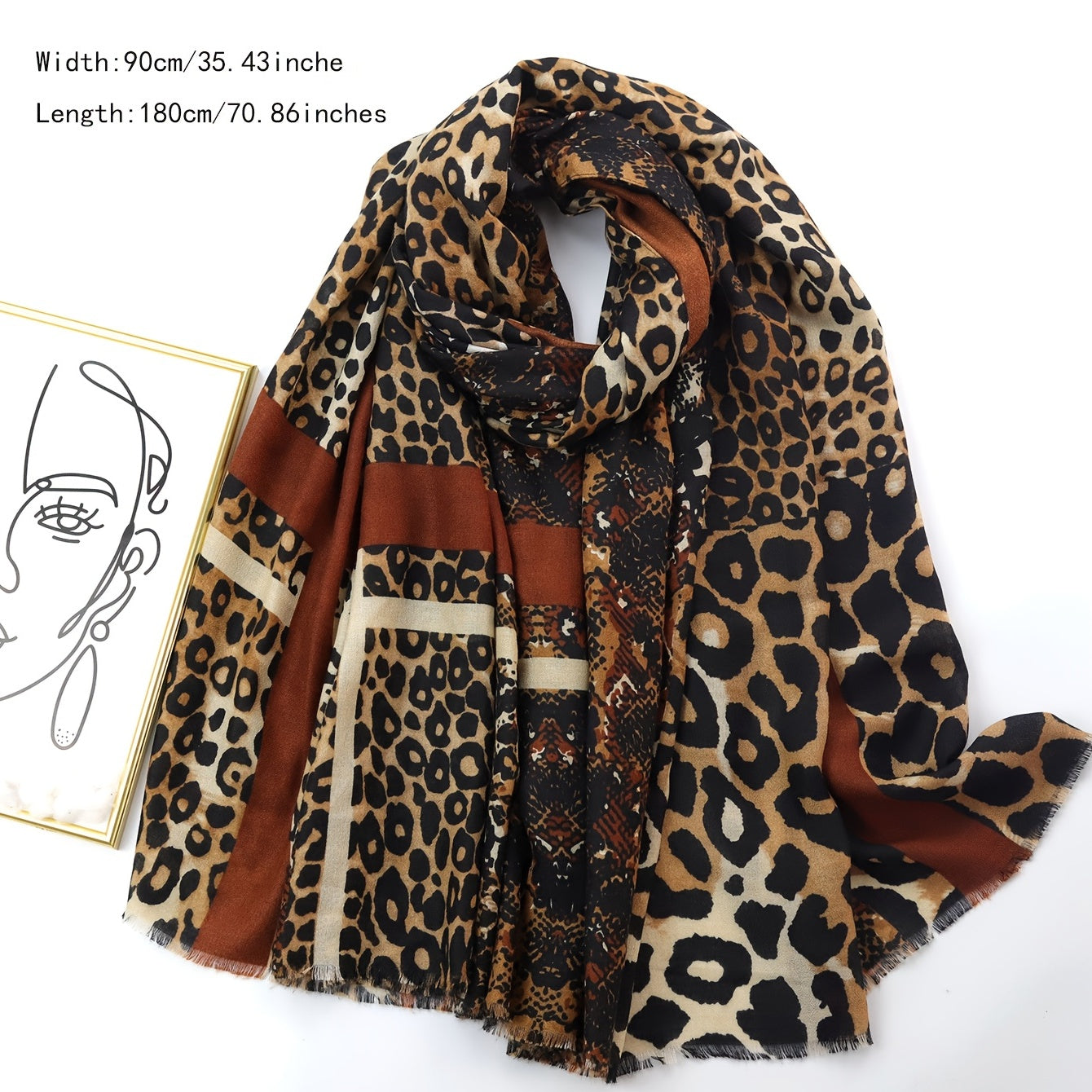 Leopard Pattern Thin Scarf Shawl Vintage Raw Edge Scarf Casual Wrap