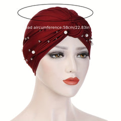Pleated Turban Cap Faux Pearl Decor Head Wraps Elastic Beanie Bonnet