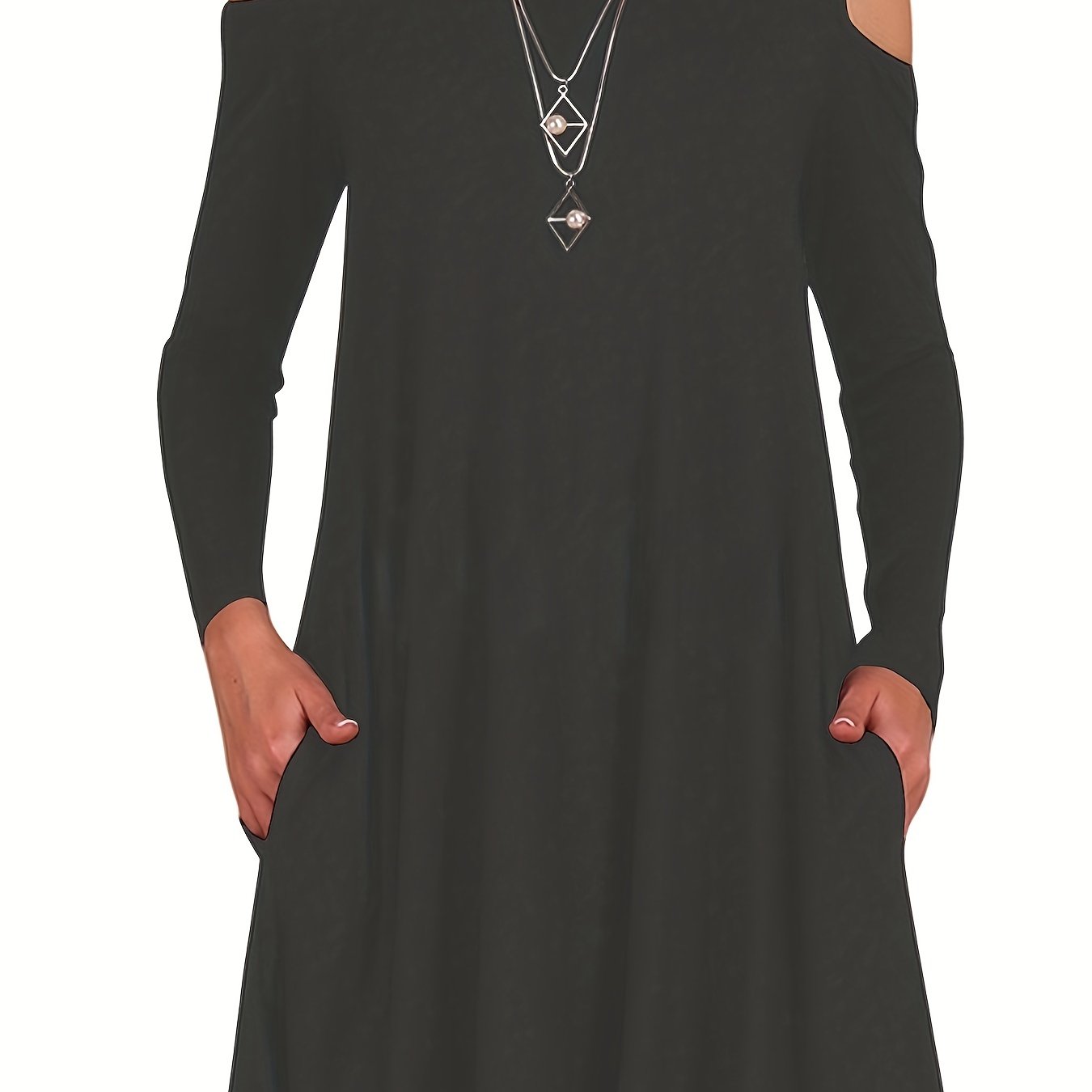  Cold Shoulder Maxi Dress V Neck Long Sleeve Pocketed