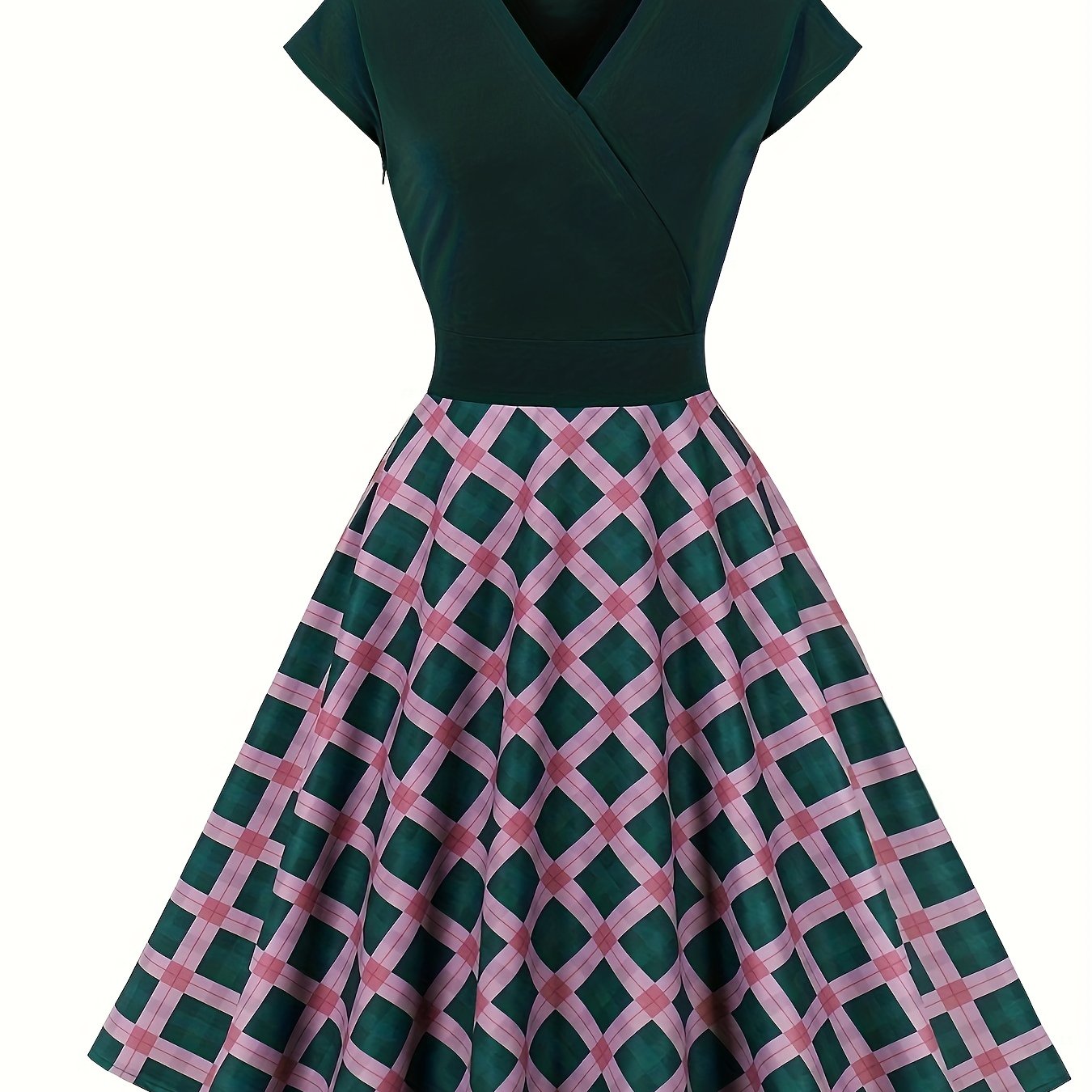  Colorblock Plaid Print Cap Sleeve Dress
