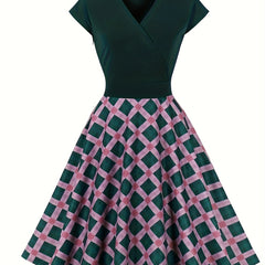  Colorblock Plaid Print Cap Sleeve Dress