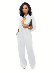 Button Up High Neck Long Sleeve Jumpsuit for Women