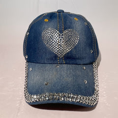 Rhinestone Denim Baseball Cap Studded Bling Heart Hat For Women Girls