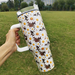 Insulated Stainless Steel Drink Cup with Handle and Straw Sunflower Daisy