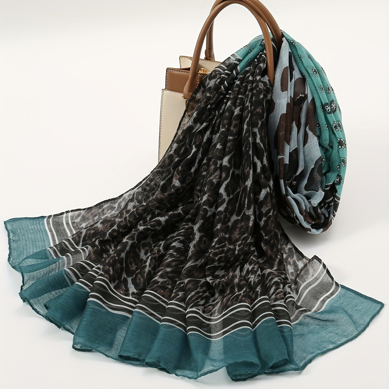 Green Leopard Print Gray Scarf Classic Block Casual Shawl Boho