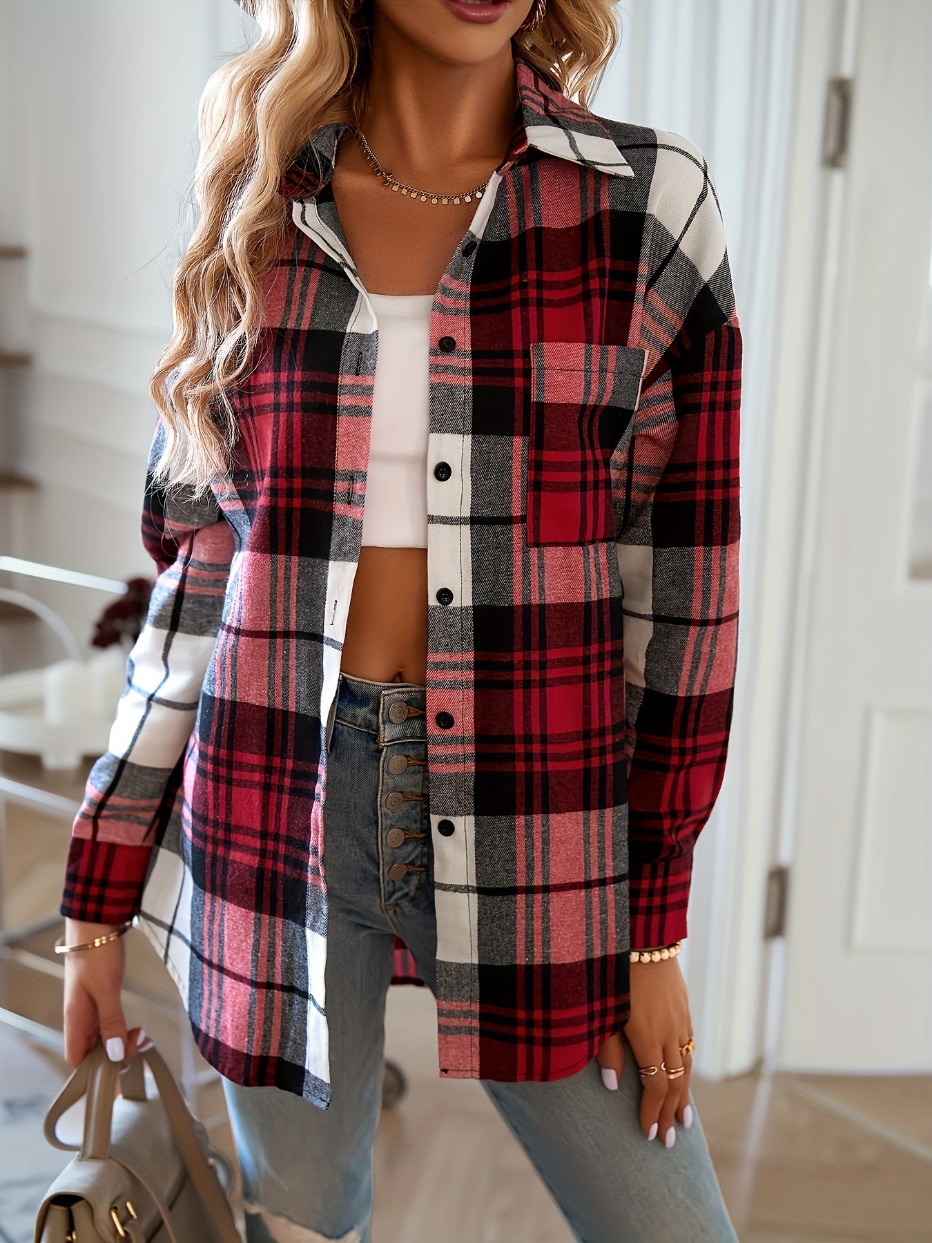  Plaid Print Long Sleeve Button Up Tunic Shirt Top