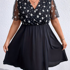  Floral Print Mesh Sleeve Mini Dress