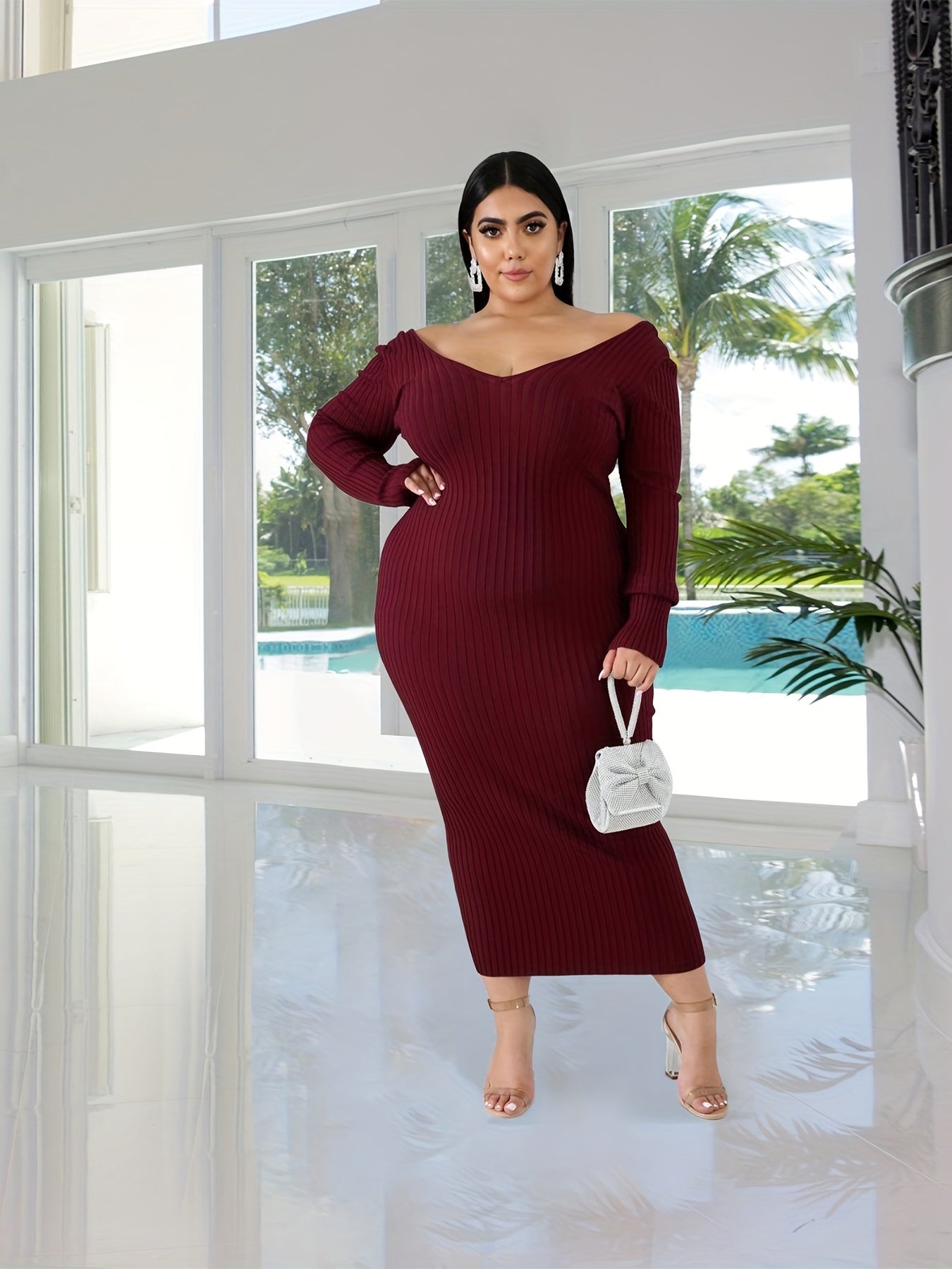 Ribbed Long Sleeve V Neck Maxi Dress
