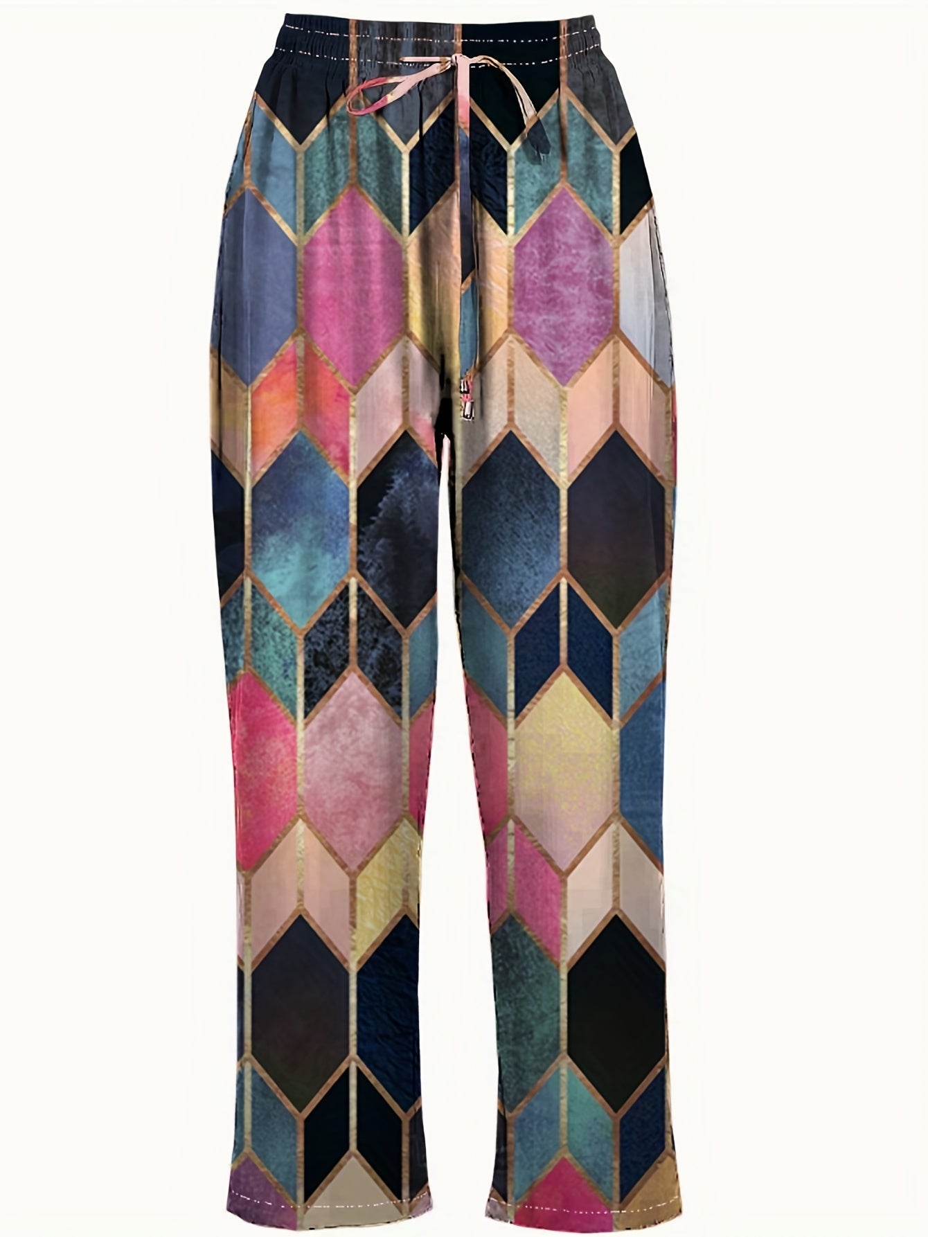  Geometric Print Straight Leg Tie Trousers