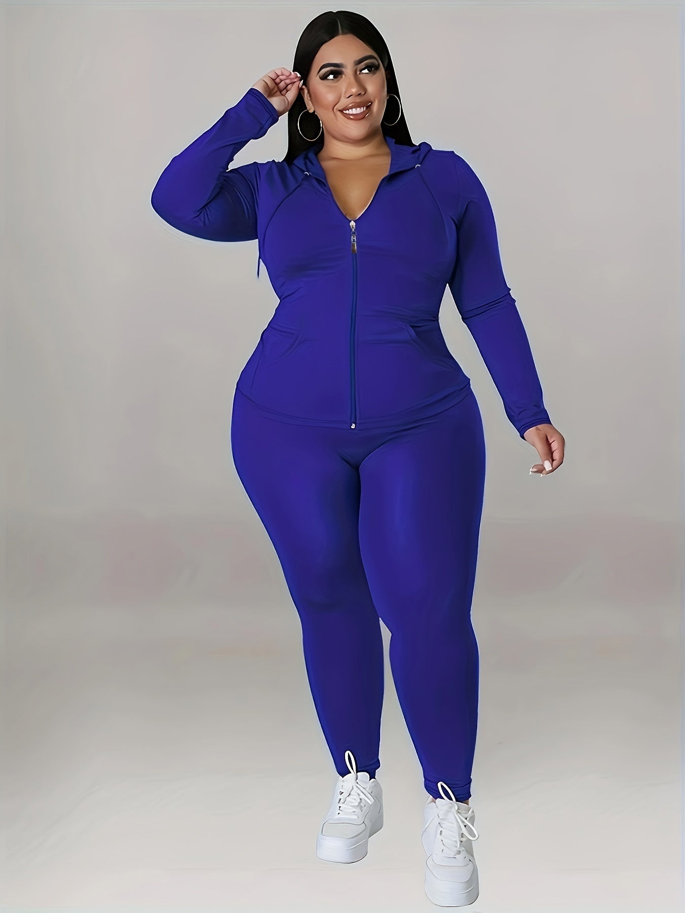  Solid Zip Up Hoodie & Pants Set Women's Plus Medium Stretch Sportswear