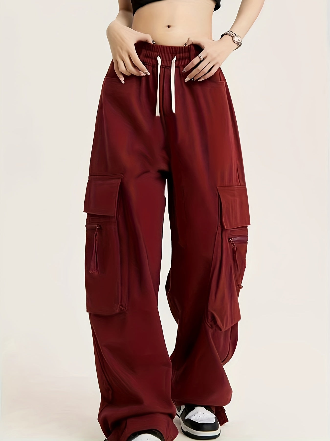  Solid Buckle Detail Wide Leg Trousers