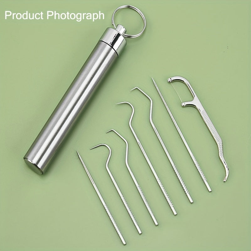 Stainless Steel Toothpick Set Dental Floss Tooth Remover Key Chain Cylinder