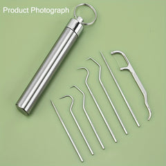 Stainless Steel Toothpick Set Dental Floss Tooth Remover Key Chain Cylinder