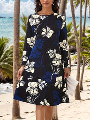  Floral Print Long Sleeve Round Neck Dress