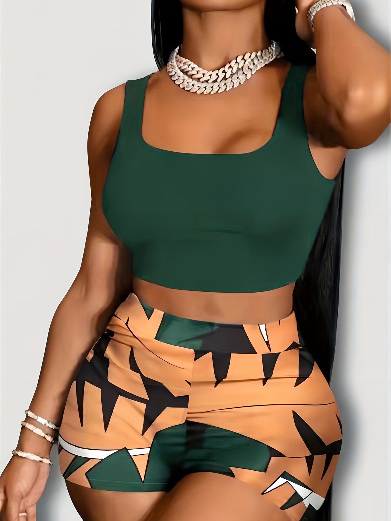Beach Vacation 2pcs Set Crop Tank Top & Shorts Casual Outfit