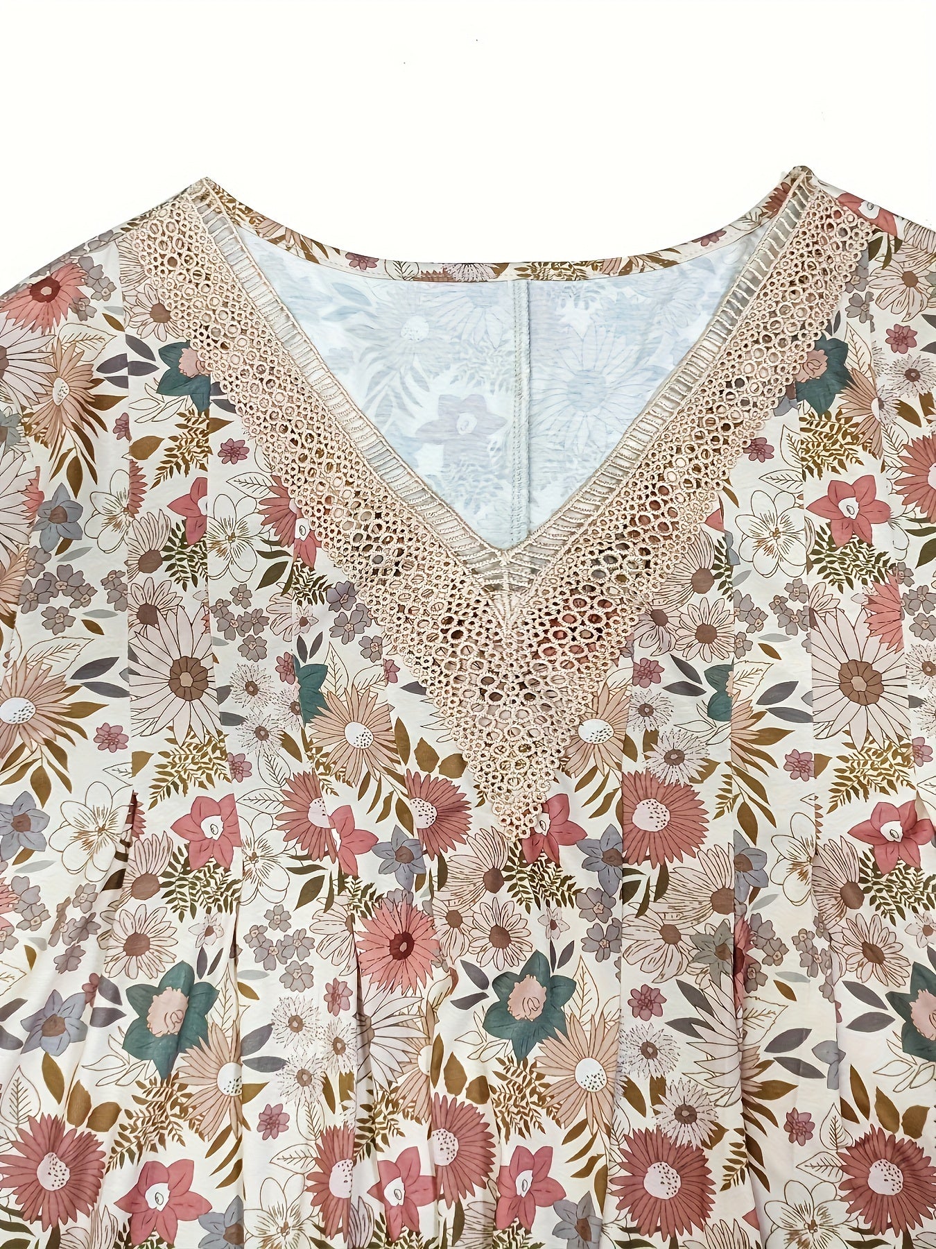  Floral Print Lace Sleeve V Neck Pleated Dress With Pockets