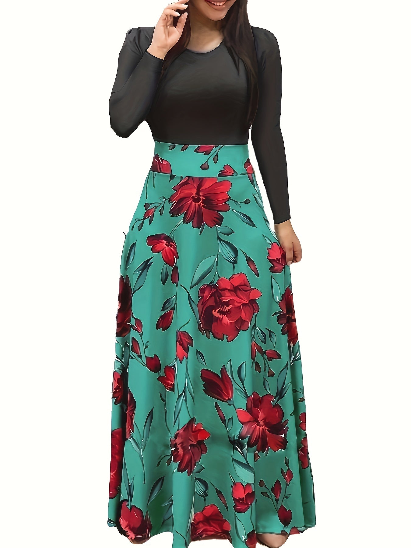  Colorblock Floral Print Long Sleeve Maxi Dress