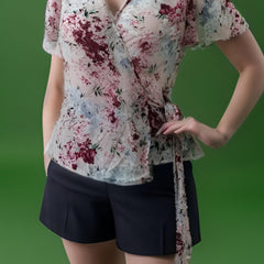  Floral Print Short Sleeve Surplice Neck T-shirt