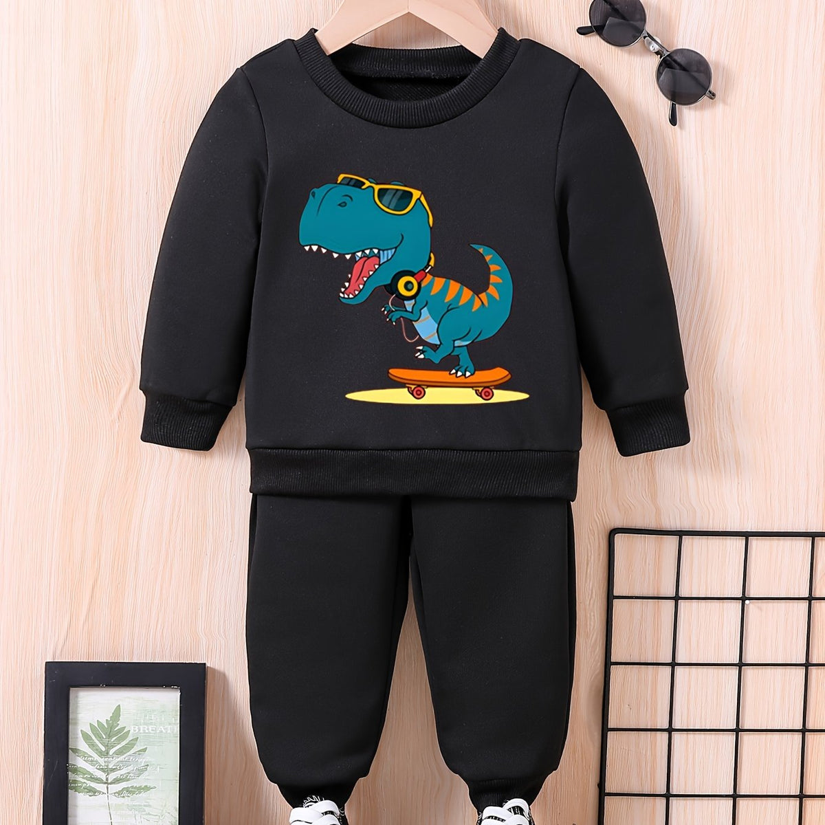 Baby Dinosaur Skateboard Print Casual Outfit Long Sleeve Sweatshirt Trousers Set