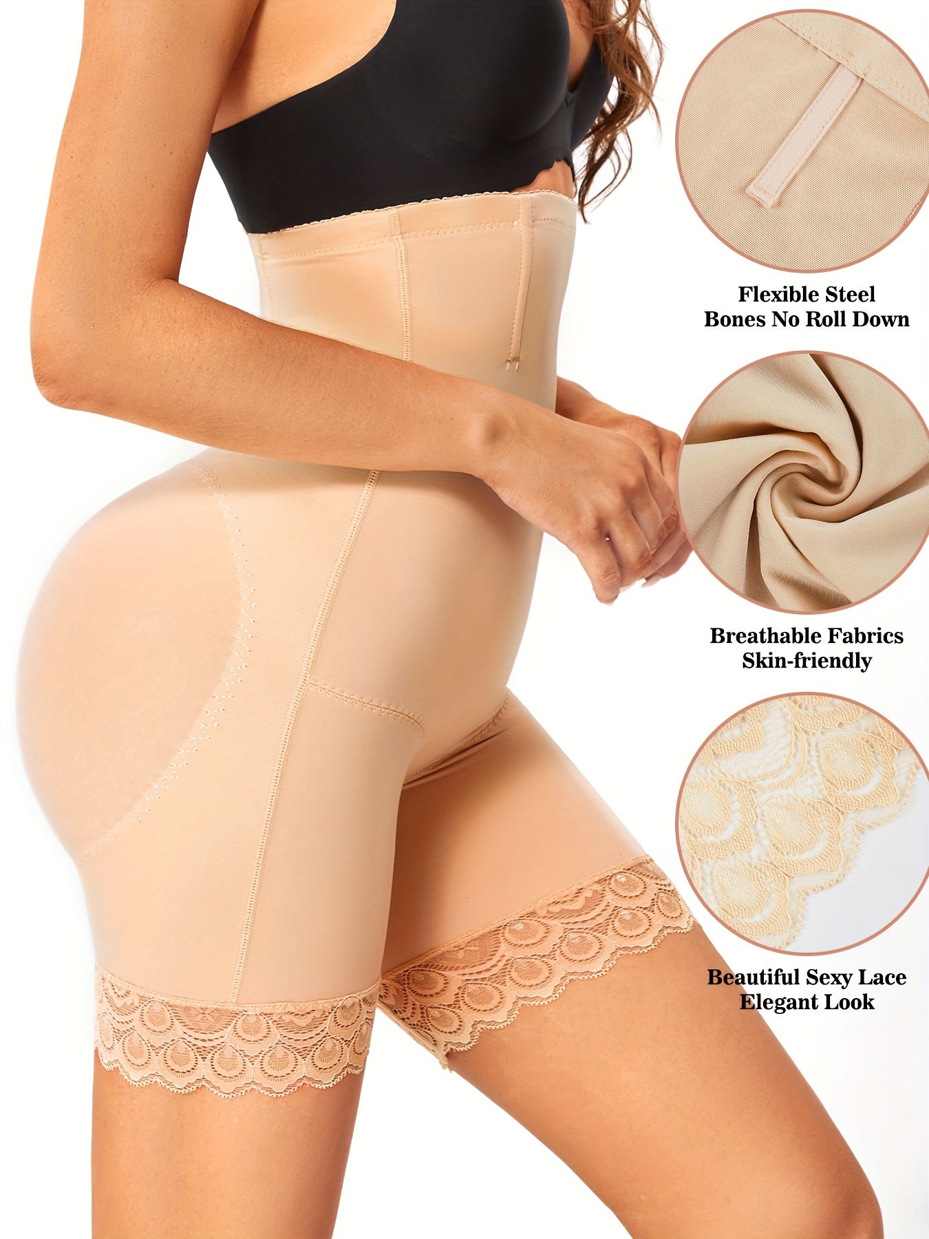 Lace Trim Shaping Shorts High Waist Tummy Control Slimming Shorts